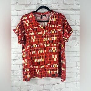 New Directions Abstract V Neck Cuffed Short Sleeve Women’s Academia Blouse | XL